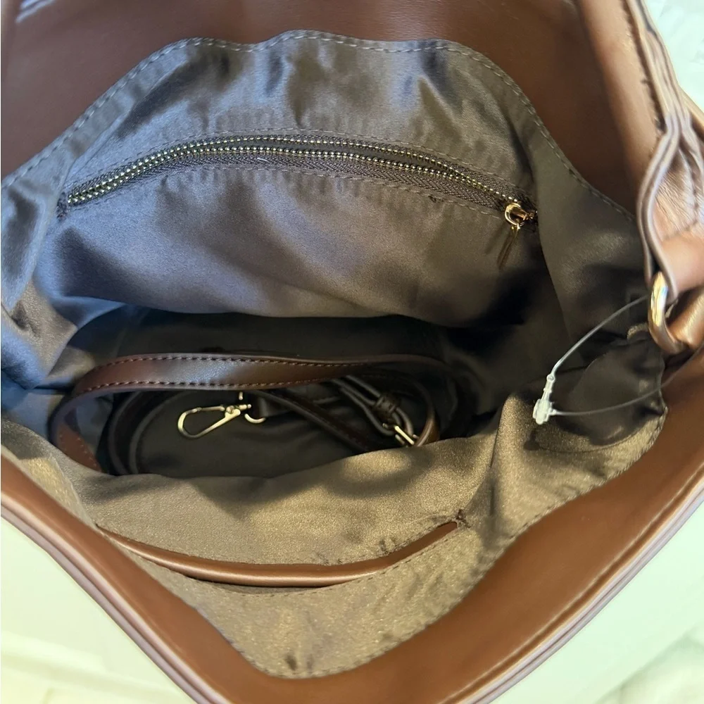 New Anthropologie aota twist tie top handle bucket bag crossbody brown gold